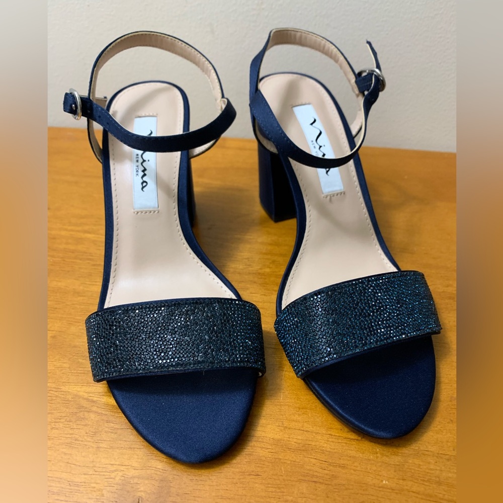Nina Haven Rhinestone Ankle Strap Block Heel Sandals Navy Luster Satin Sz 5.5M - Picture 5 of 14